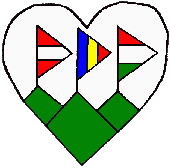 The three national flags on a white field put onto the top of three green tents (Austrian, Romanian, Hungarian). The heart keeps them together.