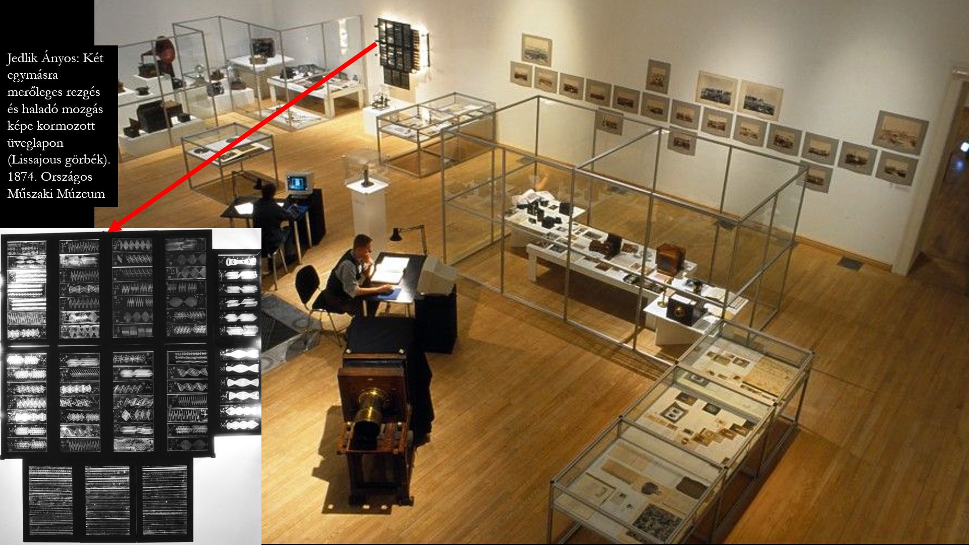 Jedlik Ányos: Két egymásra merőleges rezgés és haladó mozgás képe kormozott üveglapon (Lissajous görbék). 1874. Országos Műszaki Múzeum. Az installálás és az elhelyezés a teremben. (1996. © C3 Alapítvány)