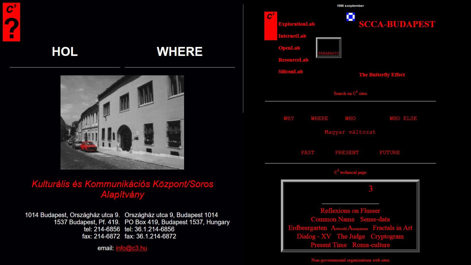 A C3 Kulturális és Kommunikációs Központ második weboldala, 1996 szeptember, képernyőfotók az SCCA, az öt működő „Lab