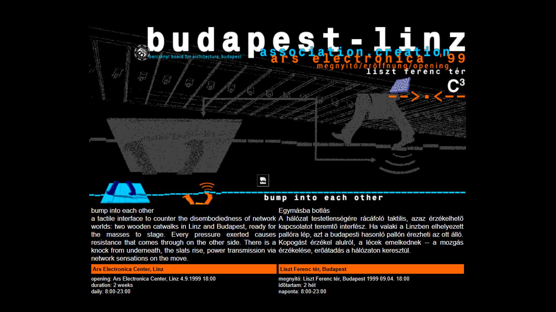 Egymásba botlás – interaktív kültéri installáció, Budapest – Linz (1999. © C3 Alapítvány)